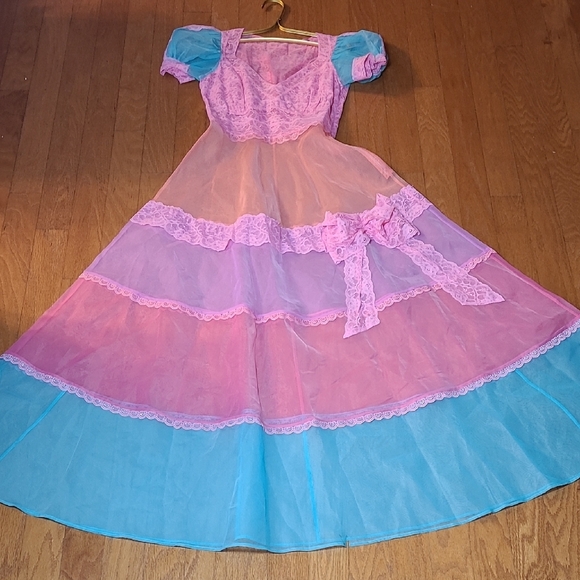 Sheer Fairycore Lace Patchwork Maxi Dress Pink Blue | Side Zip | Small - Picture 11 of 16